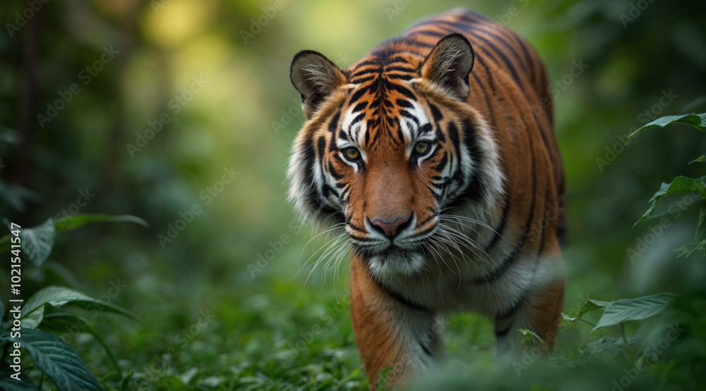 Fototapeta premium A beautiful shot of a tiger in the jungle, depth of field, cinematic, close up