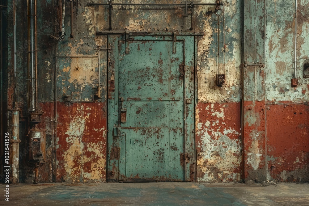 A Rusty Metal Door in an Abandoned Building with Peeling Paint A Rusty Metal Door in an Abandoned Building with Peeling Paint