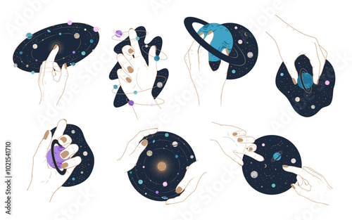 Collection of mystical and astrological objects. Human hands with planets, star systems, galaxies. Esoteric, astrology and alchemy concept. Minimalistic elements in line art style.