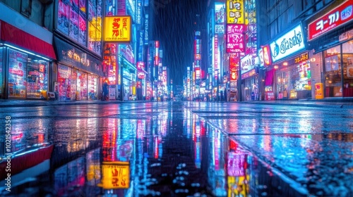 A night view of a bustling city street in Japan, illuminated by colorful neon signs and reflected in puddles of water.