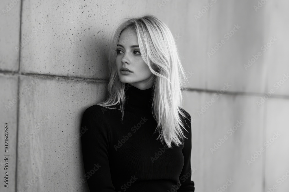Fototapeta premium a beautiful blond woman leaning against a wall