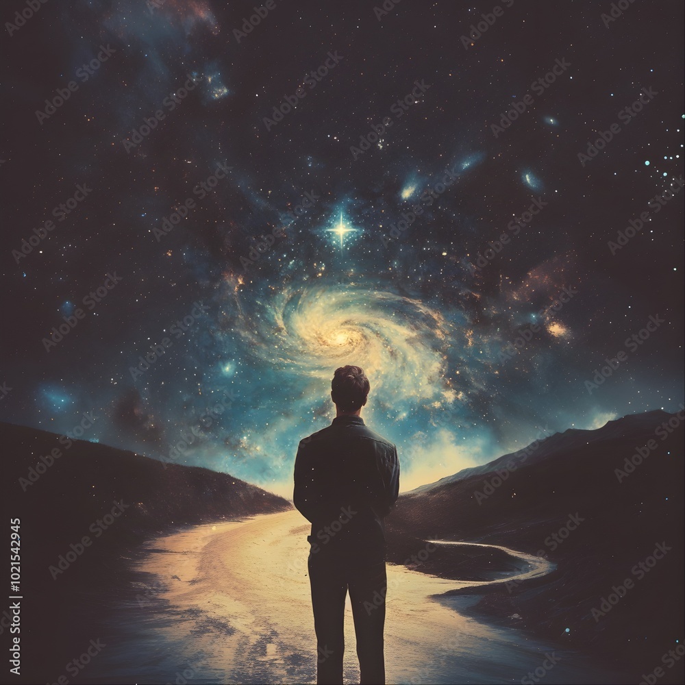 Fototapeta premium a man with short hair in the center of the image with his back turned, looking at the horizon, the sky mixes with a galactic night and has a spiral constellation in the center that radiates a glow of 