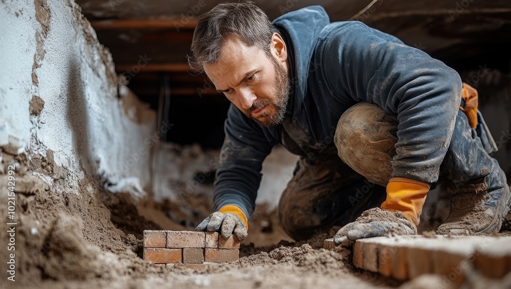 Worker performing excavation and foundation repair in a building basement during daylight hours
Worker performing excavation and foundation repair in a building basement during daylight hours