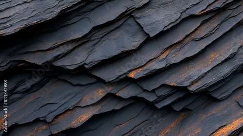 A detailed close-up of a dark rock formation, showcasing unique textures and shapes in natural lighting.