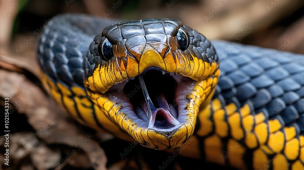 Close-up of a taipan snakeas venomous fangs exposed as it strikes, with deadly precision.