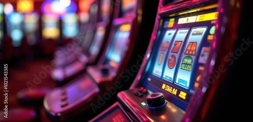 Vibrant and enticing close up of a slot machine in a lively casino, showcasing the thrill of gaming and chance.