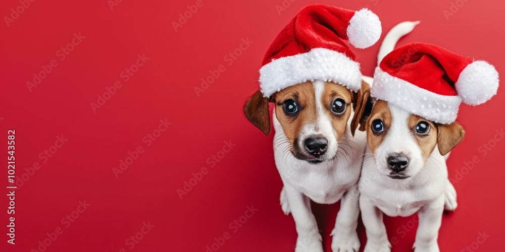 Two adorable puppies wearing festive Santa hats sit together against bright red background, exuding cheerful holiday spirit, ready to celebrate Christmas and New Year, copy space. Two adorable puppies wearing festive Santa hats sit together against bright red background, exuding cheerful holiday spirit, ready to celebrate Christmas and New Year, copy space.