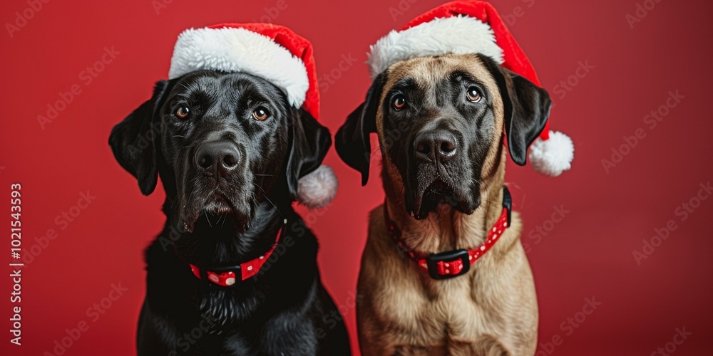 Obraz premium Two adorable dogs wearing festive Christmas hats pose against vibrant red background, capturing holiday spirit and joy, showcasing love for pets during festive season.