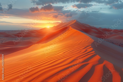 Huge sand dunes in the middle of a desert at sunset photo