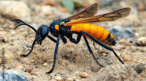 Close-up of a tarantula hawk wasp, its venomous stinger extended as it searches for prey. photo