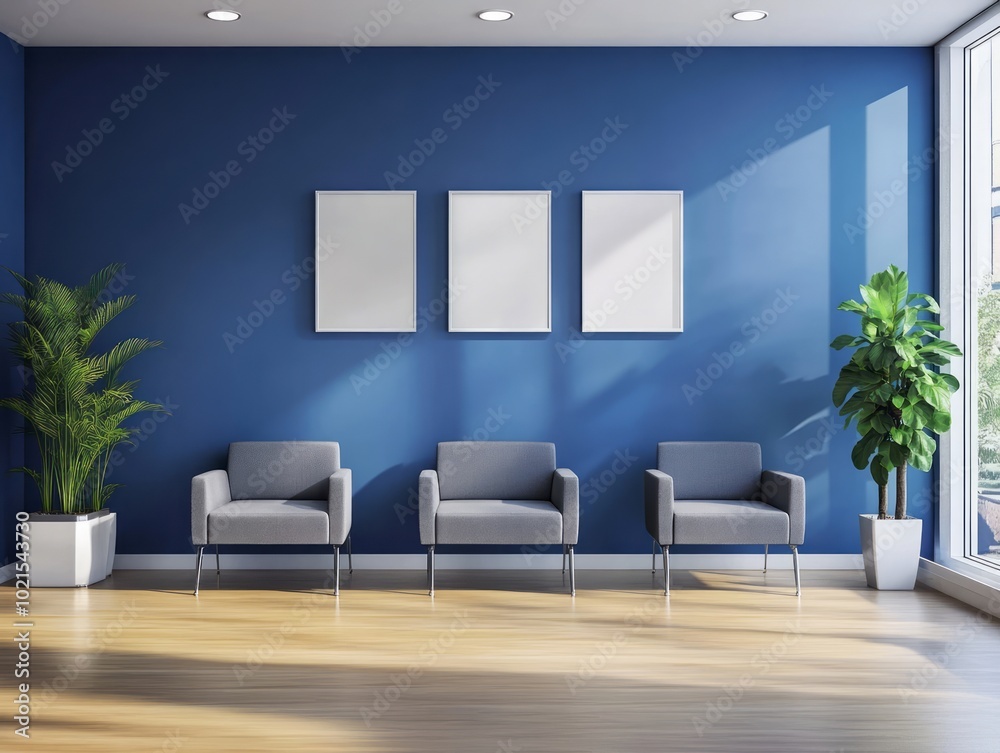 Bright blue walls paired with gray seating and light wood flooring in a minimalist waiting room, offering a sleek, modern look