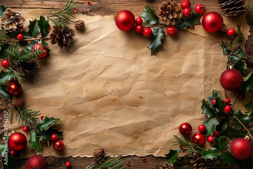 Christmas background border on parchment paper on oak wood with red bauble decorations with copy space