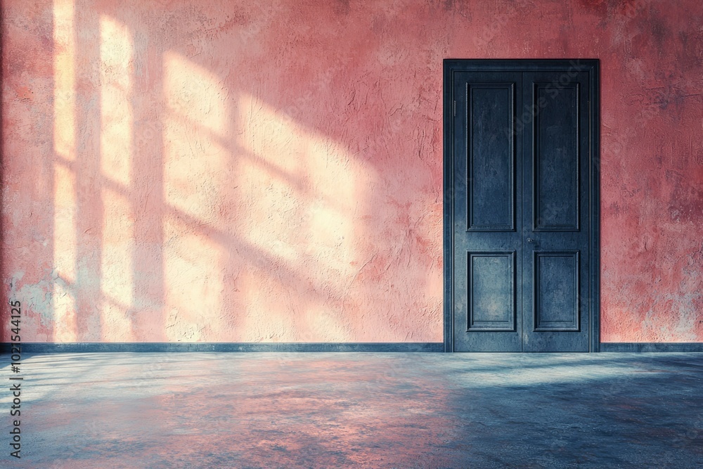 A Single Black Doorway in a Room with a Textured Pink Wall A Single Black Doorway in a Room with a Textured Pink Wall