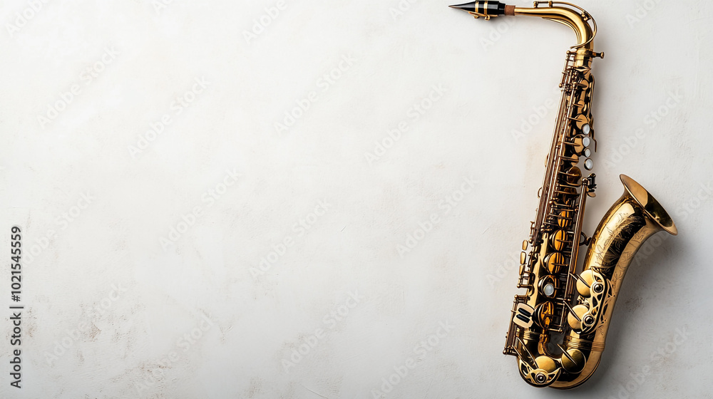 Naklejka premium A gold saxophone leans against a smooth white wall, flaunting its stunning design