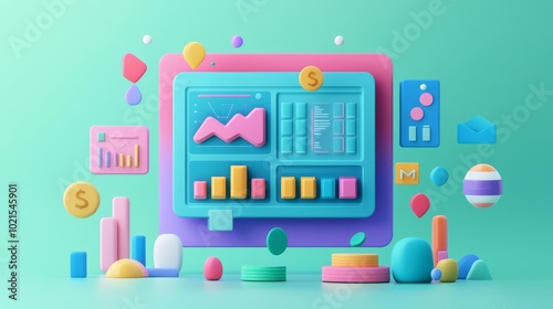 Colorful 3D render of analytic dashboard with charts and graphs on a vibrant background, representing data visualization and business growth.