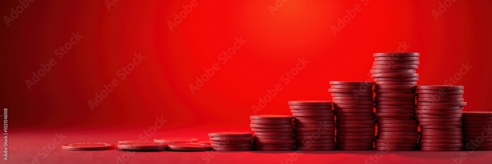A striking arrangement of red coins stacked on a vibrant red background, symbolizing wealth, investment, and currency in a bold, modern design. A striking arrangement of red coins stacked on a vibrant red background, symbolizing wealth, investment, and currency in a bold, modern design.