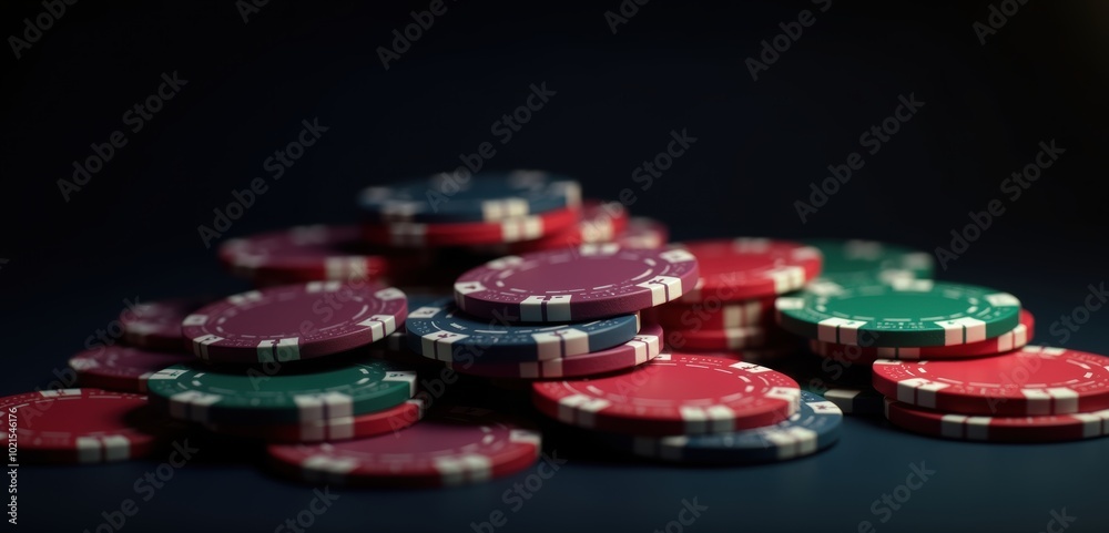 A close up view of colorful poker chips stacked together, perfect for illustrating themes of gambling, casinos, or game nights.