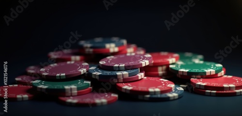 A close up view of colorful poker chips stacked together, perfect for illustrating themes of gambling, casinos, or game nights.