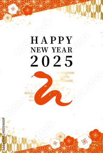 2025年　巳年の年賀状　和柄フレーム　縦　Happy new year