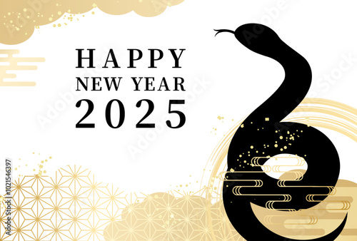 2025年　巳年の年賀状　へびのシルエット　横　Happy new year