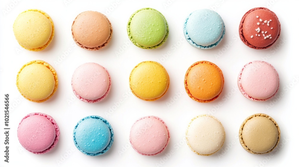 Creative layout of macaron cakes isolated on a white background A collection of sweet treats Flat lay top view Creative layout of macaron cakes isolated on a white background A collection of sweet treats Flat lay top view