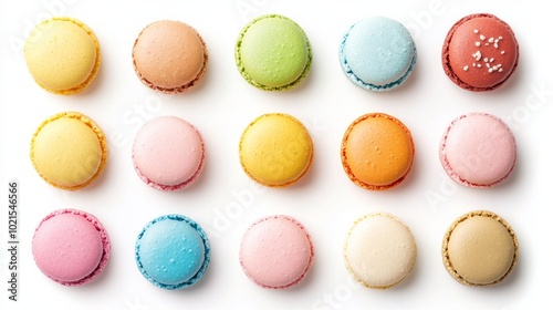 Creative layout of macaron cakes isolated on a white background A collection of sweet treats Flat lay top view