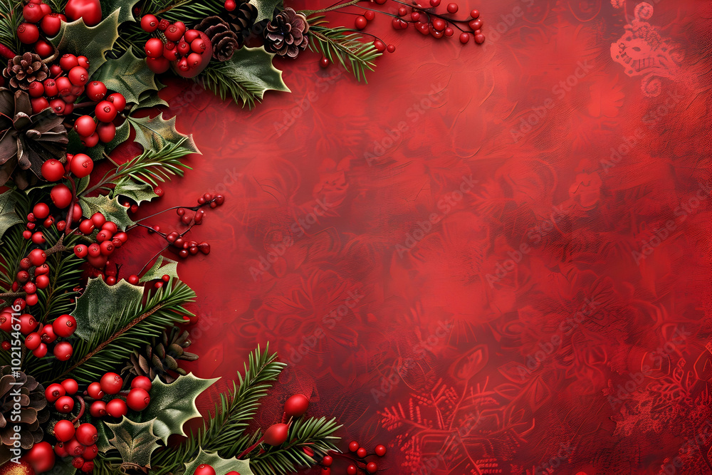 Red Festive Background with Holly Berries, Pine Cones, and Green Leaves Illustration Red Festive Background with Holly Berries, Pine Cones, and Green Leaves Illustration