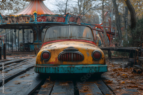 Rusty Car in Front of a Carousel - Abandoned Amusement Park Photo