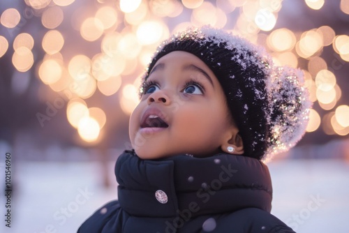 a little girl standing in front of a christmas tree