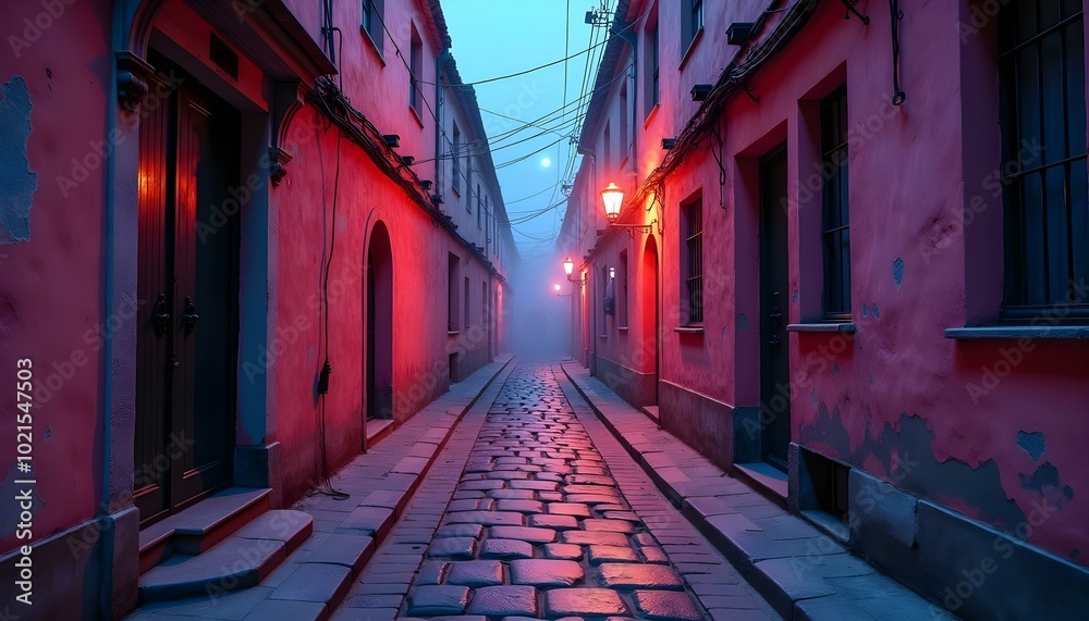 Fototapeta premium Solitary Medieval Stone Street Closed Doors and Windows, Dimly Lit Street Lamp Mysterious Danger