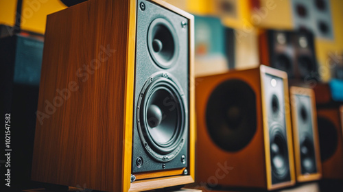 Wooden speakers in a cozy studio highlight audio quality with a thoughtful arrangement