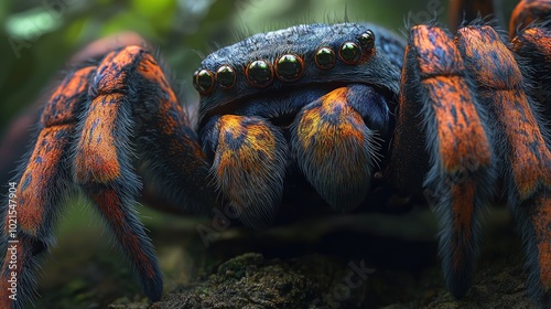 Detailed close-up of a Brazilian wandering spideras venomous fangs, ready to strike with its large body poised. photo