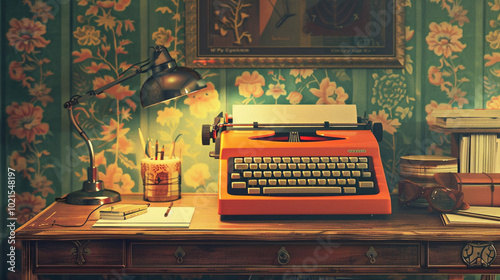 Retro Decoration with Table Lamp and Typewriter photo