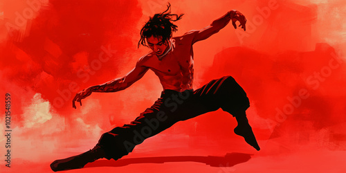 Dancer sliding across the floor during a power move, capturing momentum and strength, illustration art photo