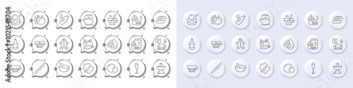 Recycle water, Cooking mix and Champagne glass line icons. White pin 3d buttons, chat bubbles icons. Pack of Table knife, Teapot, Lounge icon. Food delivery, Juice, Food order pictogram. Vector