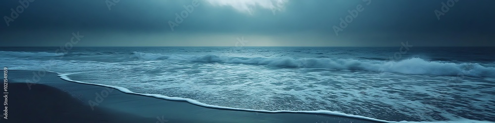A serene beach at twilight with soft waves and space for text A serene beach at twilight with soft waves and space for text