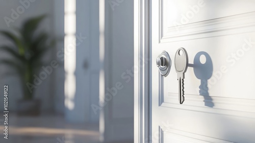 House key in a door with a white wall background Concept for real estate or property agents 3D rendering