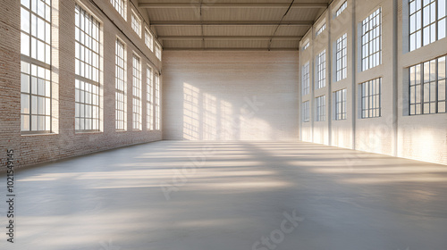 Sunlight streams through tall windows into a spacious, empty warehouse with exposed brick walls and high ceilings.