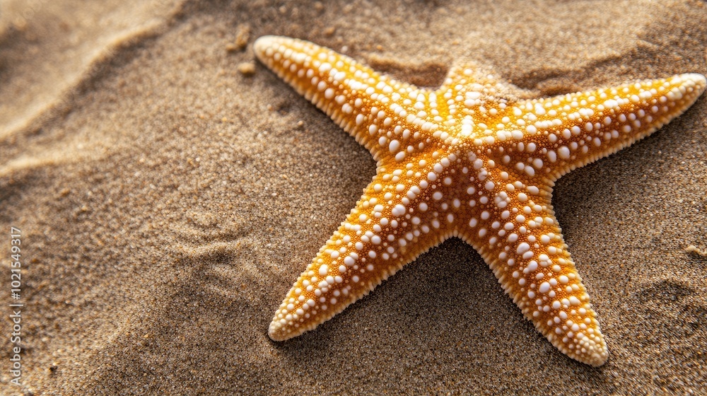 Detailed close-up of a starfish resting on a sandy ocean floor, highlighting its unique texture and five-armed symmetry. Detailed close-up of a starfish resting on a sandy ocean floor, highlighting its unique texture and five-armed symmetry.