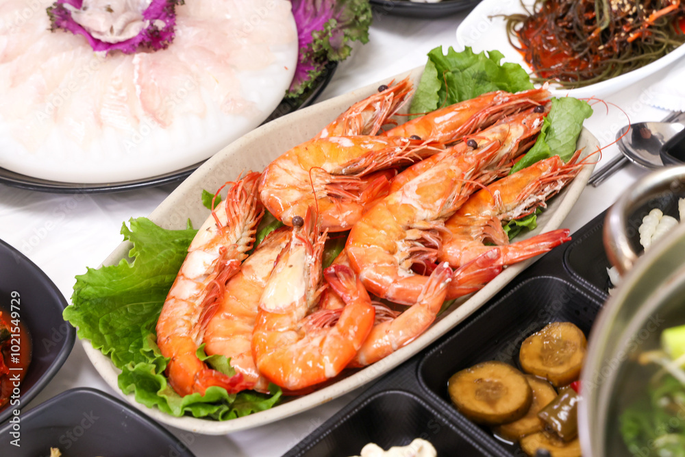 Korean Seafood. Grilled Shrimp on a Plate Korean Seafood. Grilled Shrimp on a Plate