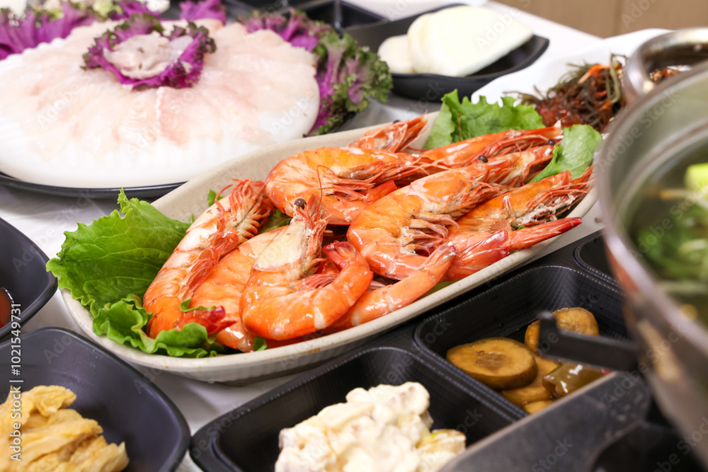 Korean Seafood. Grilled Shrimp on a Plate Korean Seafood. Grilled Shrimp on a Plate