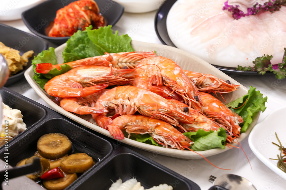 Korean Seafood. Grilled Shrimp on a Plate Korean Seafood. Grilled Shrimp on a Plate