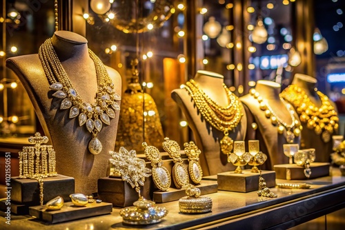 Stunning Bling Gold Jewelry Display with Sparkling Diamonds and Elegant Design for Luxury Appeal