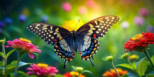 Stunning Black Swallowtail Butterfly Perched on Vibrant Flower in a Lush Green Garden Setting