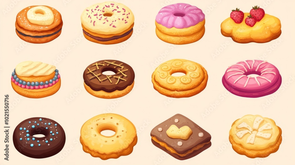 Illustration of a large set of different biscuits and pastries A colorful assortment of cookies made from natural ingredients Illustration of a large set of different biscuits and pastries A colorful assortment of cookies made from natural ingredients