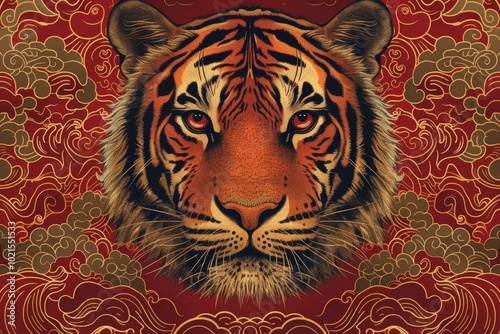 Illustration of a tiger's face with red and gold Chinese cloud patterns in the background