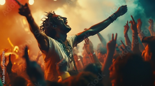 A male performer sings passionately on stage, surrounded by a cheering crowd.