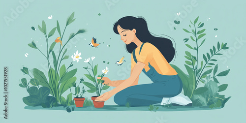 Individual planting native plants to attract birds, illustration art