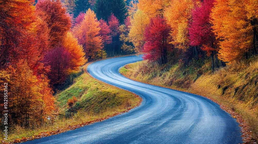 Naklejka premium A winding paved road through a colorful autumn forest.