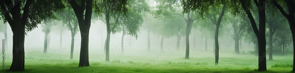 Fototapeta premium A serene, foggy forest clearing with a wide area for text